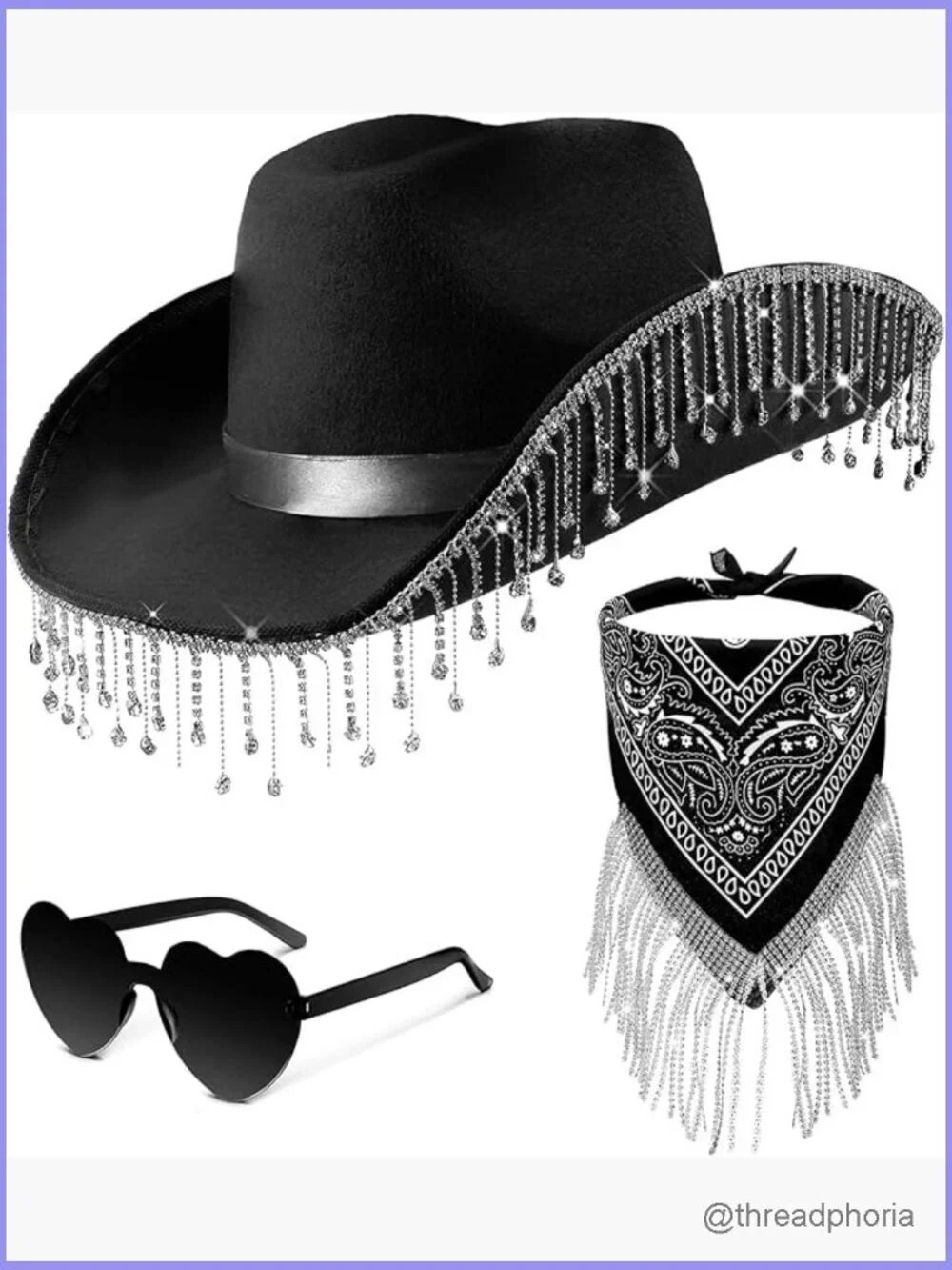 3-Piece Rhinestone Cowgirl Hat Set with Fringe Bandana and Heart Sunglasses